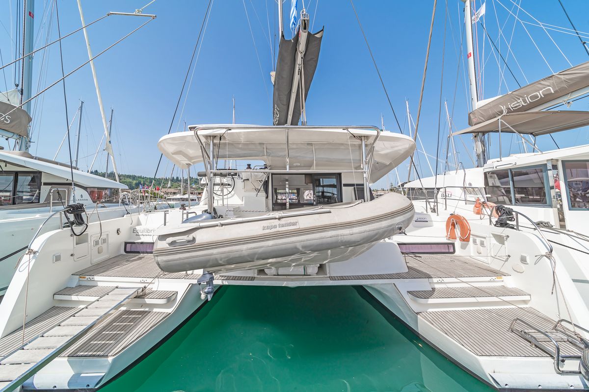 Deck of Equilibrium, a Lagoon 42 catamaran at Gouvia, Greece