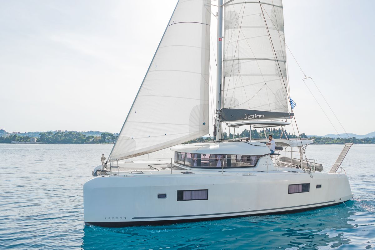 Exterior view of Equilibrium, a Lagoon 42 catamaran at Gouvia, Greece