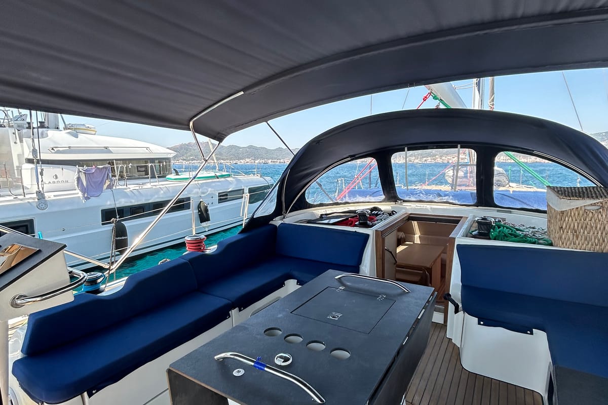 Cockpit of Kaiba, a D&D Kufner 54 sailboat at Marmaris, Turkey