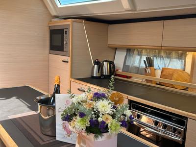 Galley of Kaiba, a D&D Kufner 54 sailboat at Marmaris, Turkey