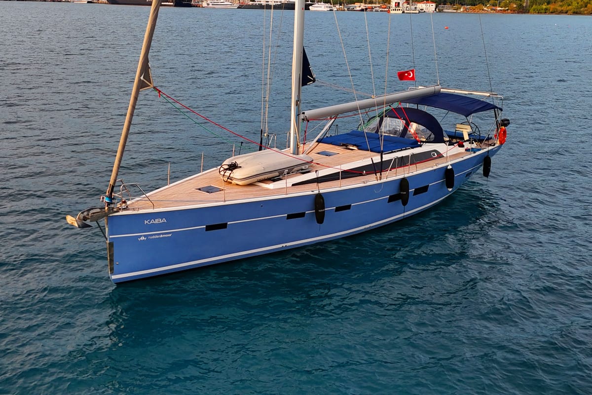 Exterior view of Kaiba, a D&D Kufner 54 sailboat at Marmaris, Turkey