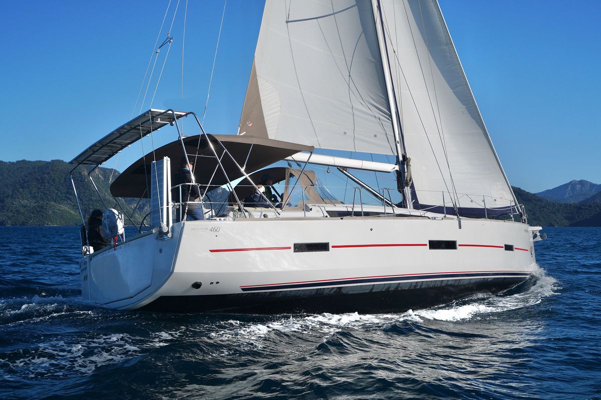 Exterior view of Avalon, a Dufour 460 Grand Large sailboat at Municipal Unit of Rhodes, Greece