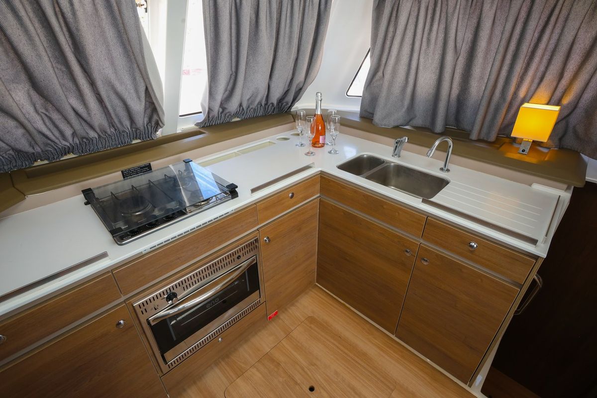 Galley of Tatinja, a Bali Catspace catamaran at Grad Kaštela, Croatia