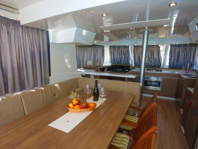 Salon of Tatinja, a Bali Catspace catamaran at Grad Kaštela, Croatia