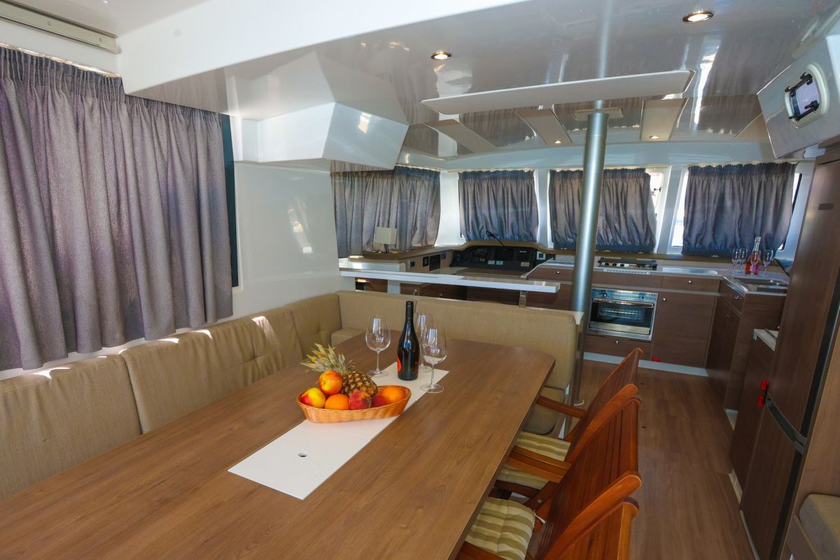 Salon of Tatinja, a Bali Catspace catamaran at Grad Kaštela, Croatia