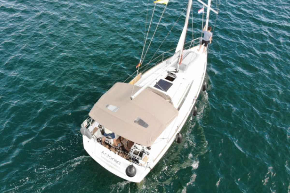 Exterior view of Antonija, a Jeanneau Sun Odyssey 349 sailboat at Punat, Croatia