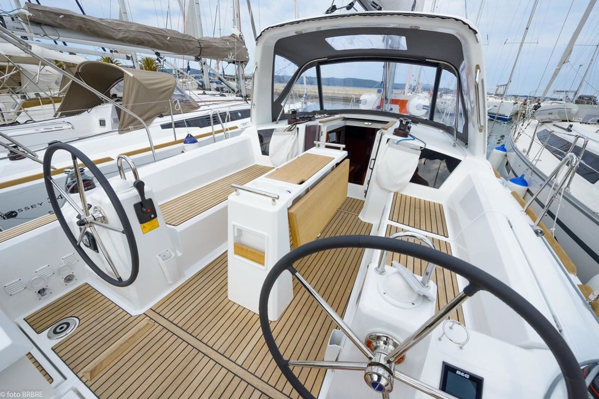 Cockpit of Popeye, a Jeanneau Sun Odyssey 349 sailboat at Pirovac, Croatia