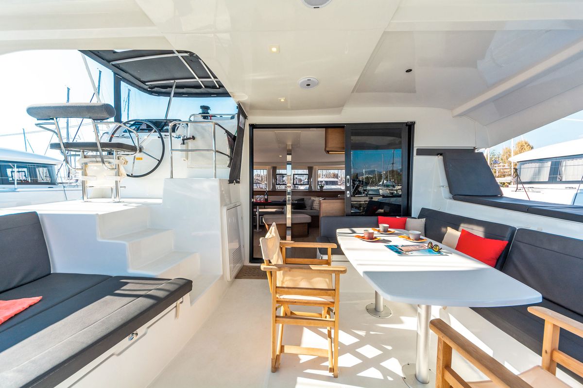 Deck of Niriis, a Lagoon 42 catamaran at Athens, Greece