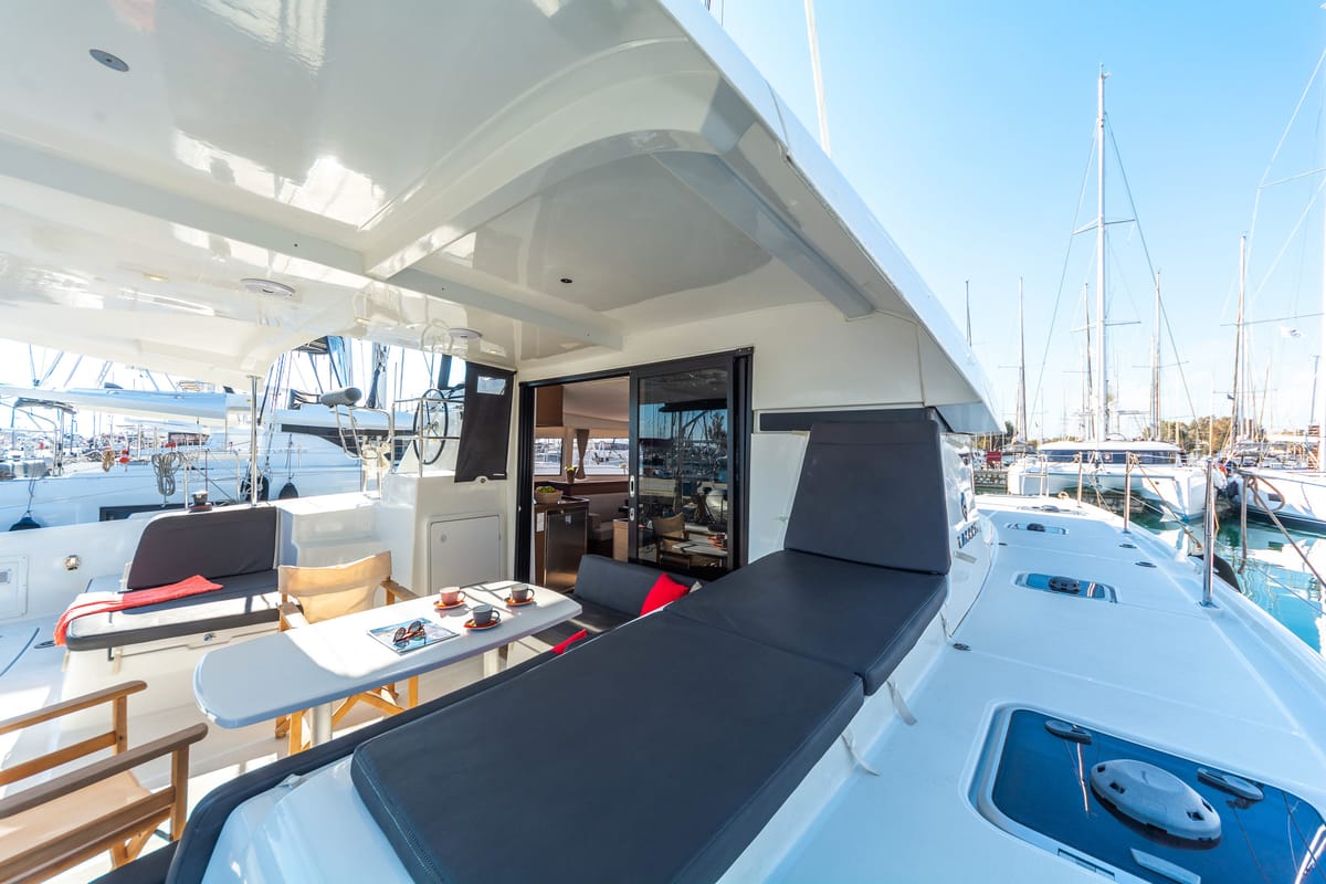 Deck of Niriis, a Lagoon 42 catamaran at Athens, Greece