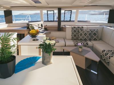 Salon of AquaSpirit, a Fountaine Pajot Saona 47 catamaran at Lavreotiki Municipal Unit, Greece