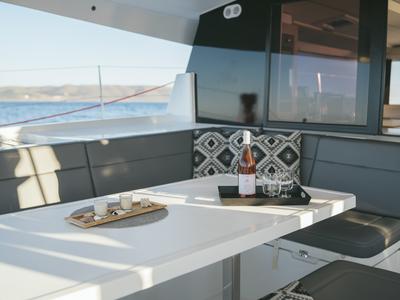 Deck of AquaSpirit, a Fountaine Pajot Saona 47 catamaran at Lavreotiki Municipal Unit, Greece