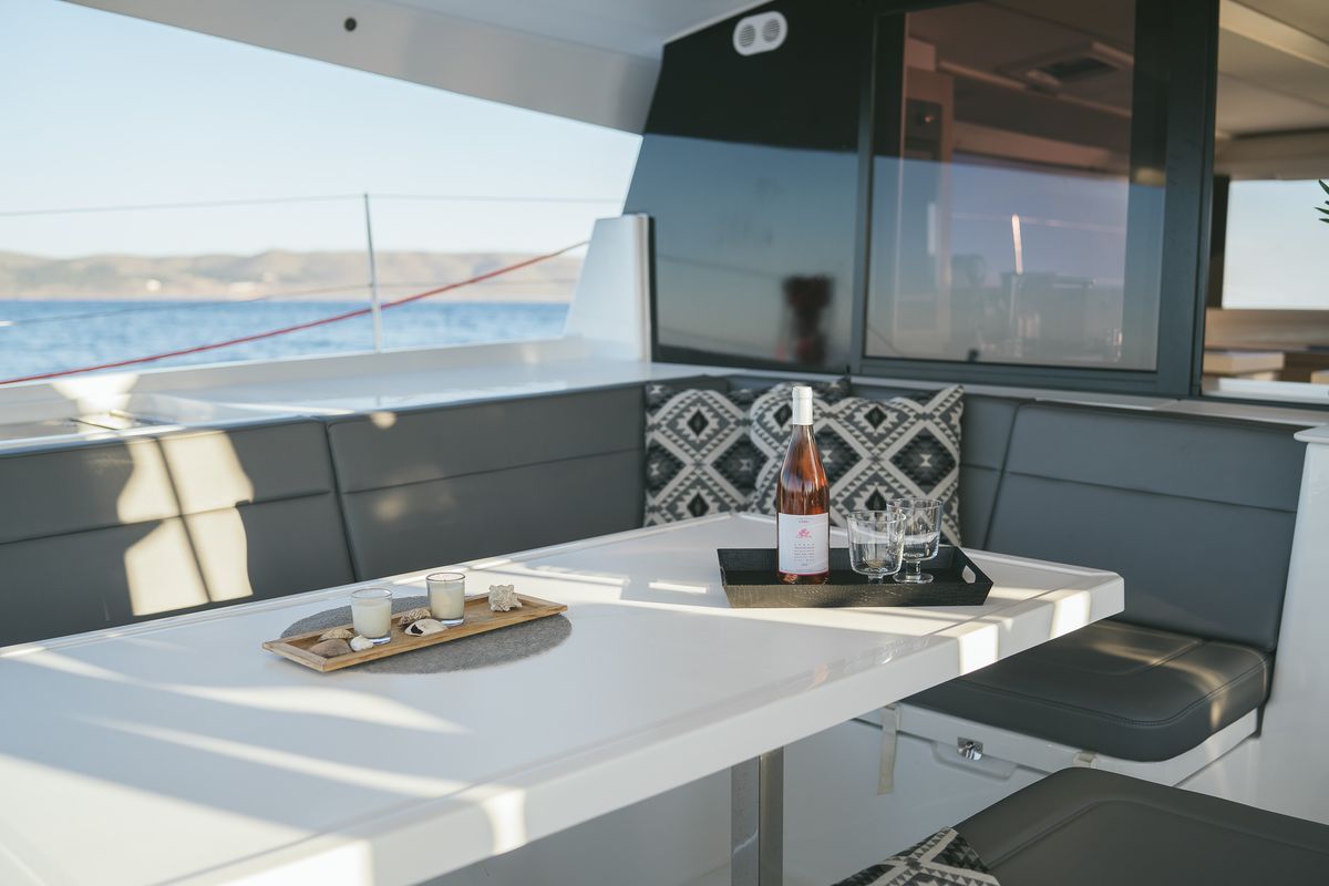 Deck of AquaSpirit, a Fountaine Pajot Saona 47 catamaran at Lavreotiki Municipal Unit, Greece