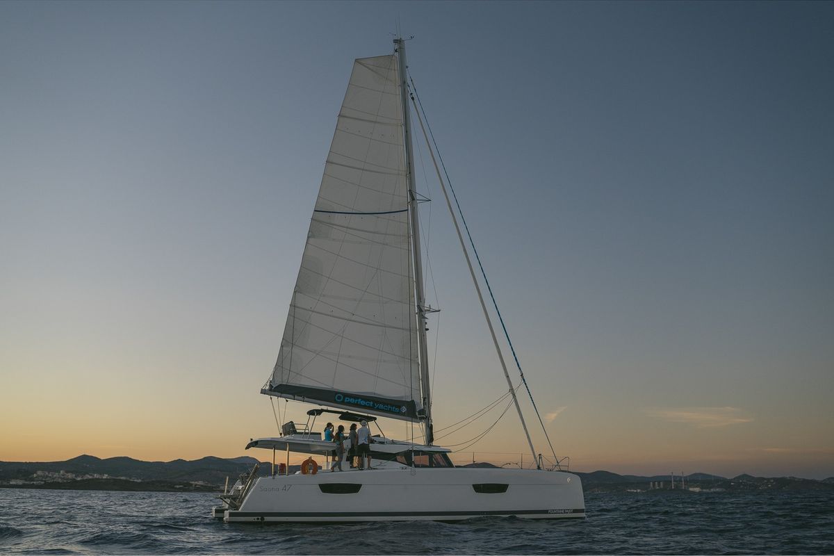 Exterior view of AquaSpirit, a Fountaine Pajot Saona 47 catamaran at Lavreotiki Municipal Unit, Greece