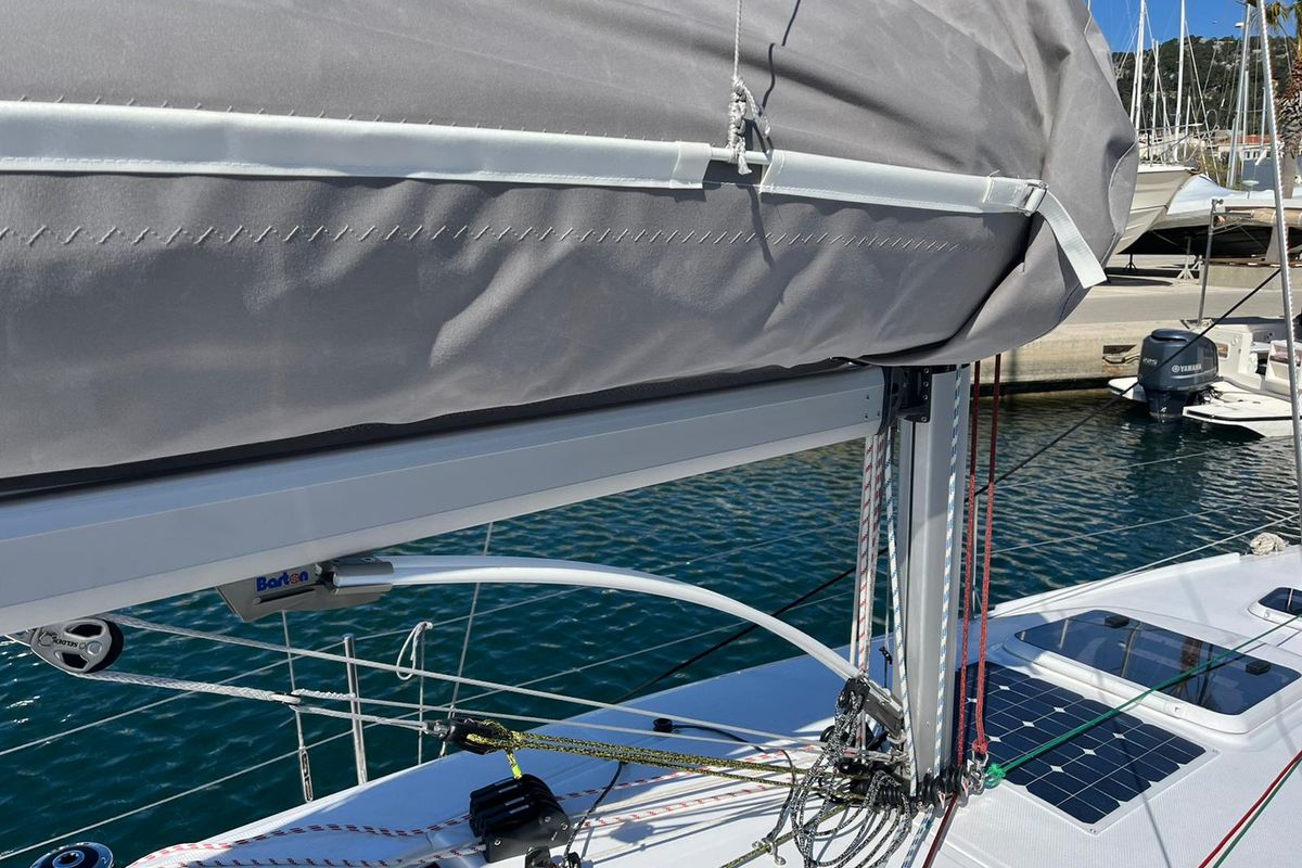 Deck of Suferina, a Beneteau First 27 sailboat at Split, Croatia