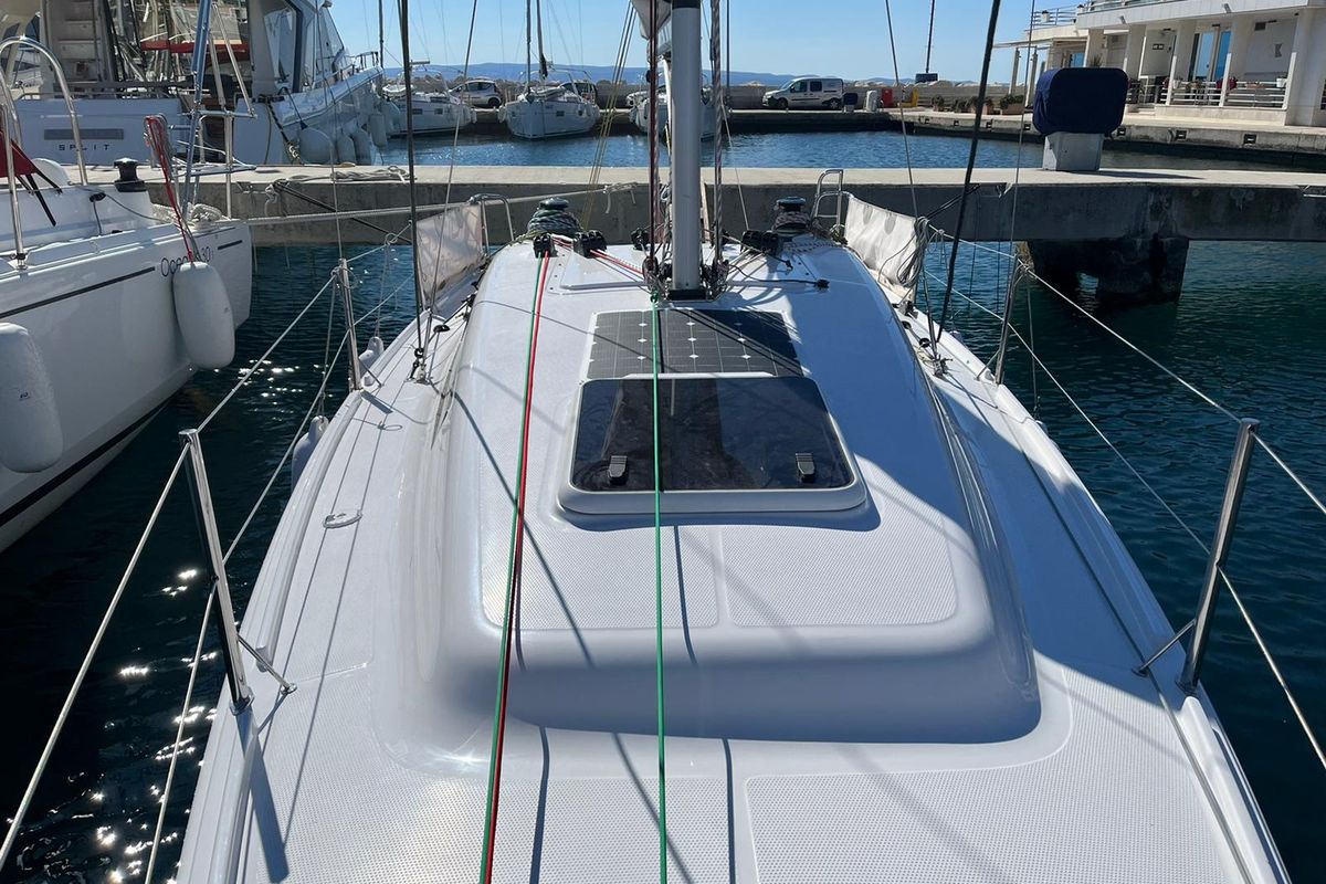 Deck of Suferina, a Beneteau First 27 sailboat at Split, Croatia