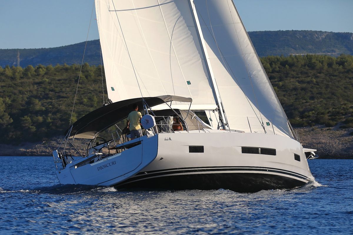 Exterior view of Dioscuri, a Hanse Yachts Hanse 460 sailboat at Grad Kaštela, Croatia