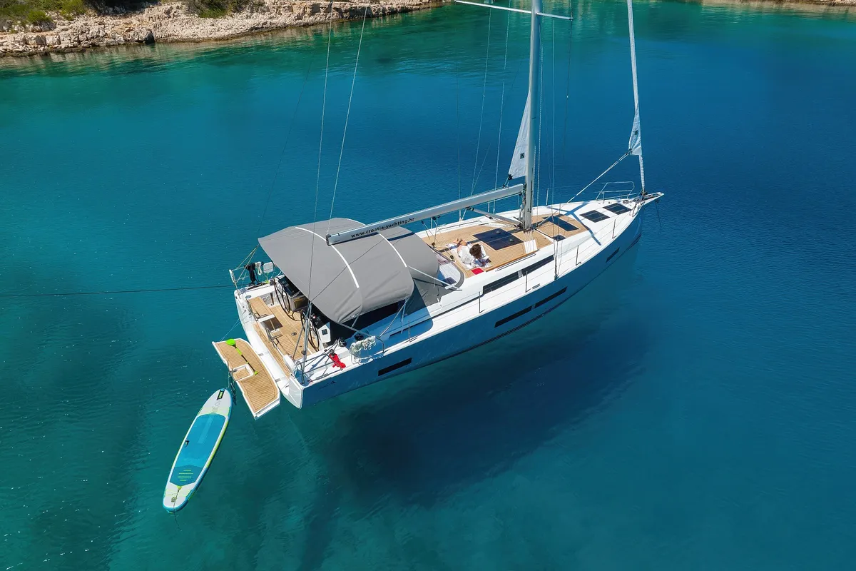 Exterior view of Dioscuri, a Hanse Yachts Hanse 460 sailboat at Grad Kaštela, Croatia