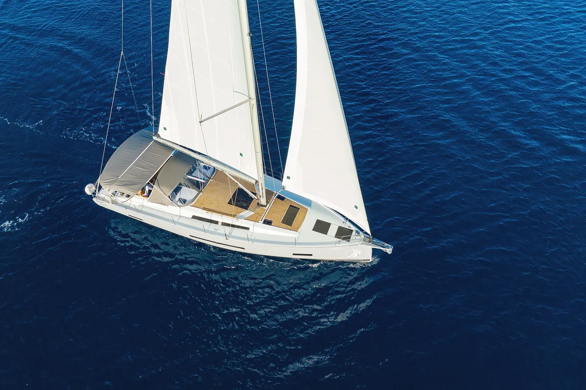Exterior view of Dioscuri, a Hanse Yachts Hanse 460 sailboat at Grad Kaštela, Croatia