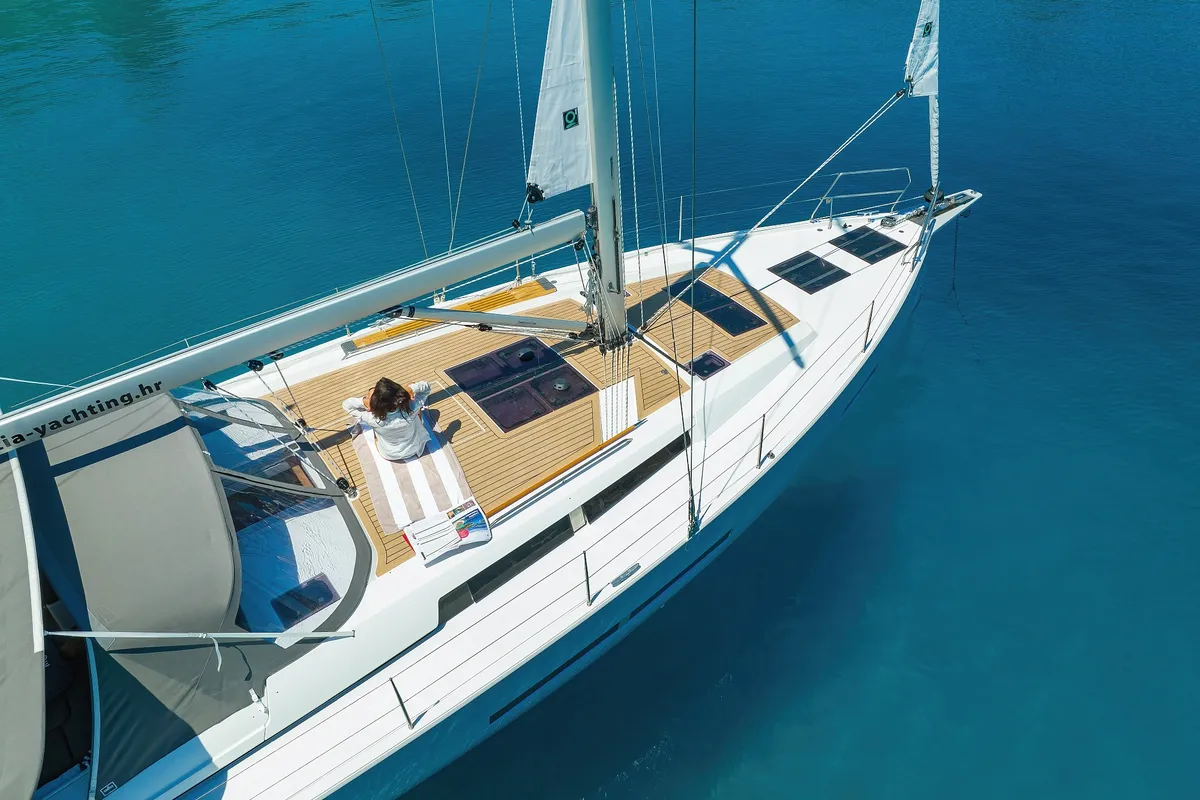Exterior view of Dioscuri, a Hanse Yachts Hanse 460 sailboat at Grad Kaštela, Croatia