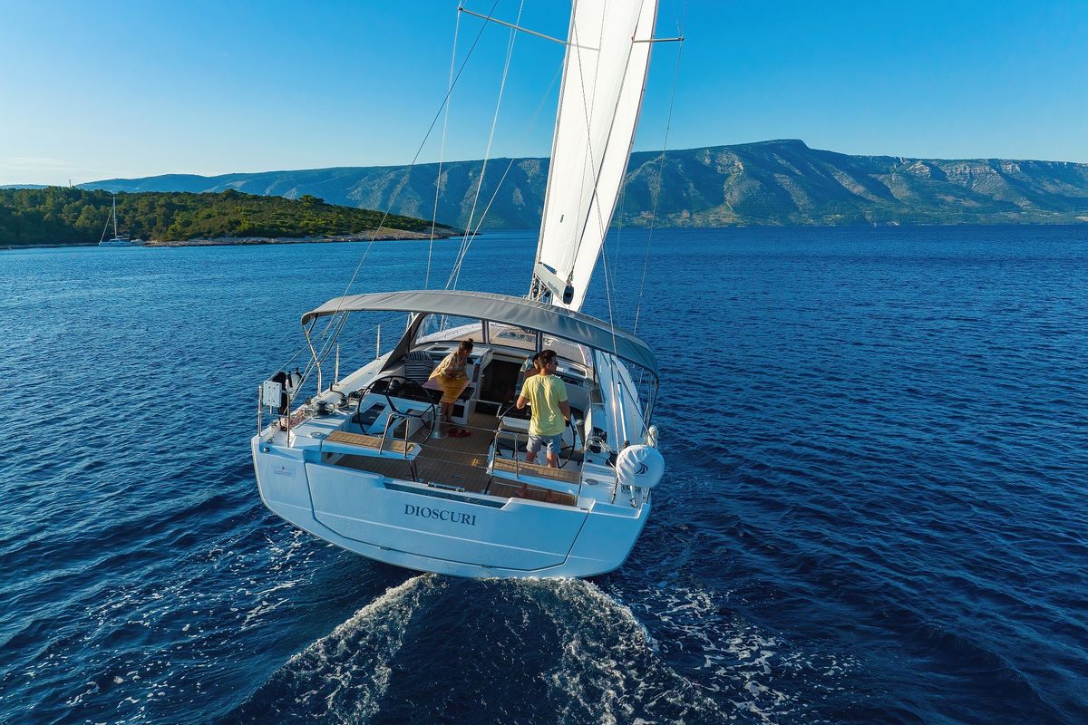 Exterior view of Dioscuri, a Hanse Yachts Hanse 460 sailboat at Grad Kaštela, Croatia