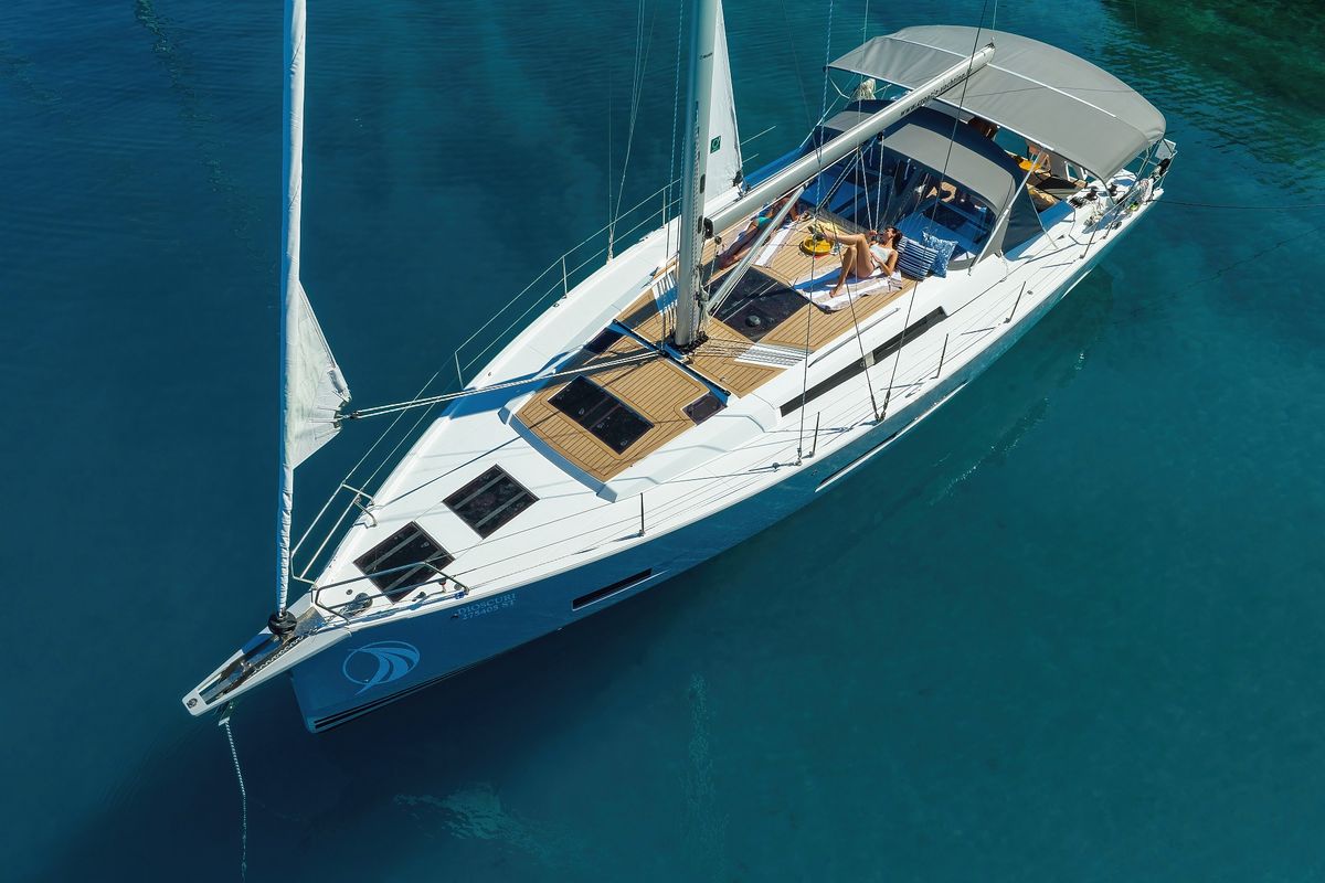Exterior view of Dioscuri, a Hanse Yachts Hanse 460 sailboat at Grad Kaštela, Croatia