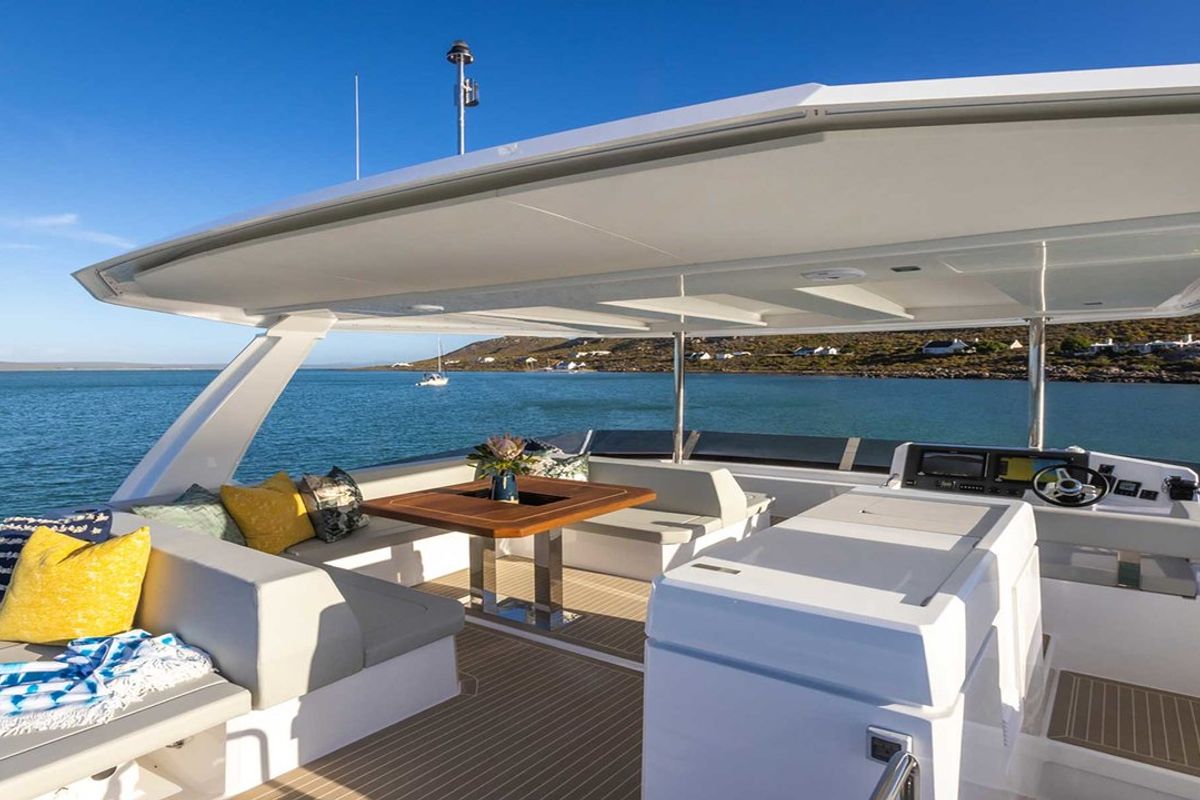 Deck of Leopard 46PC, a Leopard 46PC catamaran at Nassau, Bahamas