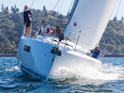 Exterior view of Mila, a Jeanneau Sun Odyssey 490 sailboat at Puntone di Scarlino, Italy