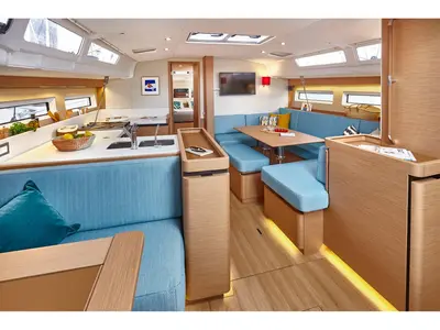 Salon of Mila, a Jeanneau Sun Odyssey 490 sailboat at Puntone di Scarlino, Italy