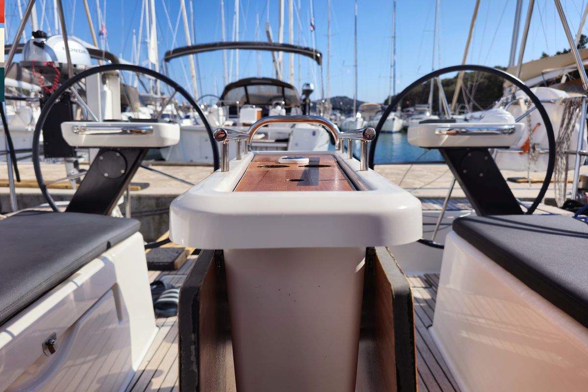 Cockpit of Nada, a Dufour 360 GL sailboat at Grad Kaštela, Croatia