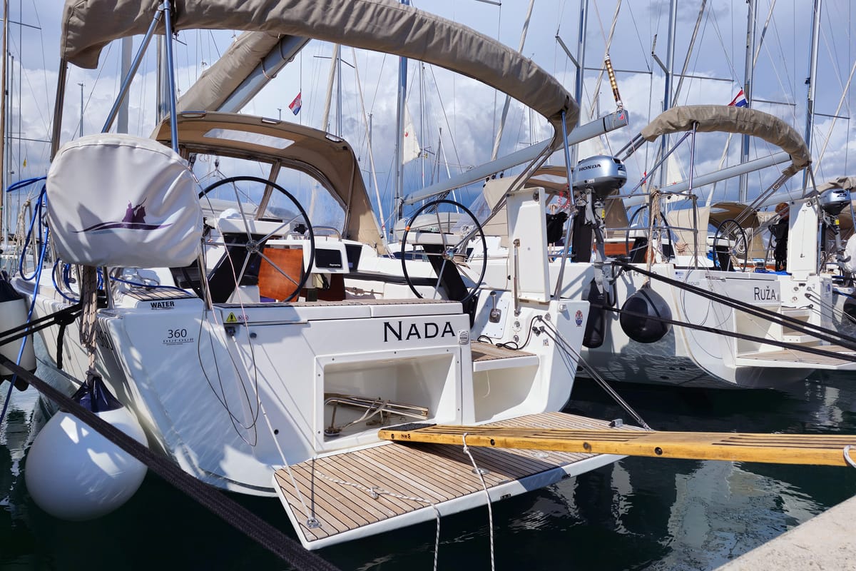 Exterior view of Nada, a Dufour 360 GL sailboat at Grad Kaštela, Croatia
