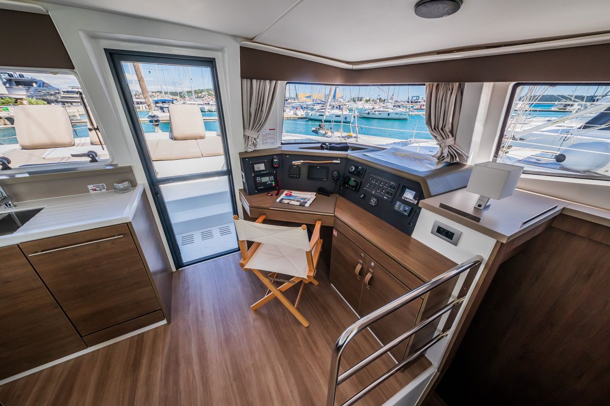 Cockpit of Aloha I Ke Kai, a Bali 4.4 catamaran at Seget Donji, Croatia