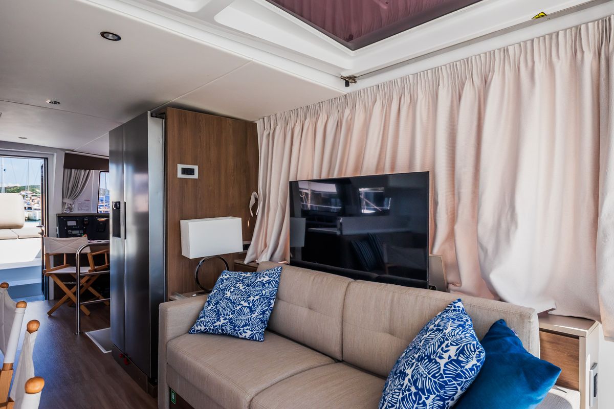 Salon of Aloha I Ke Kai, a Bali 4.4 catamaran at Seget Donji, Croatia