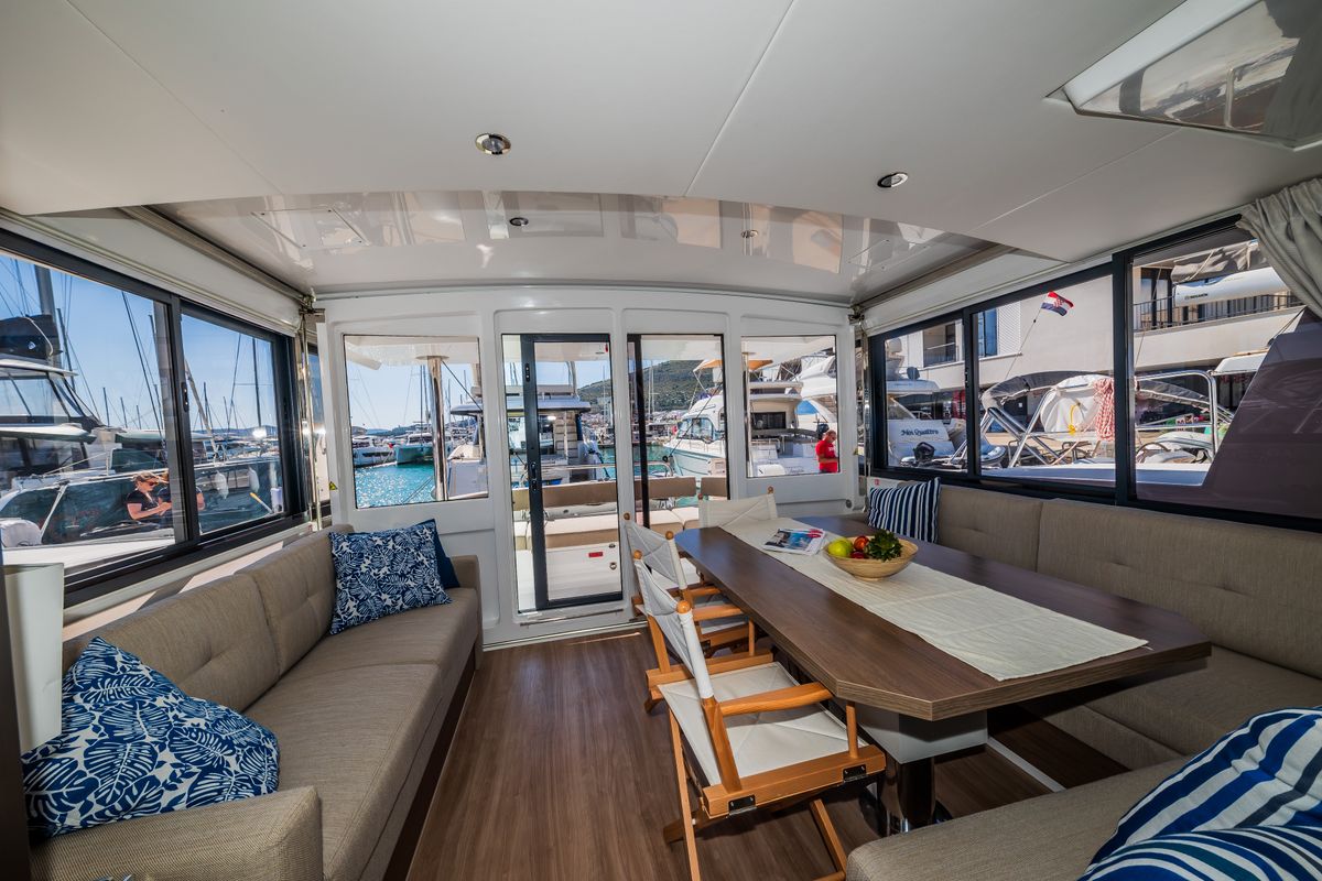 Salon of Aloha I Ke Kai, a Bali 4.4 catamaran at Seget Donji, Croatia