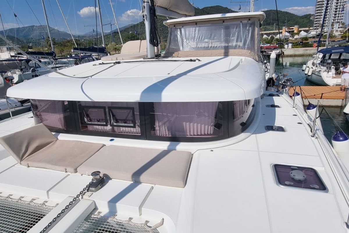 Deck of Gamma Leonis, a Lagoon 42 catamaran at Salerno, Italy