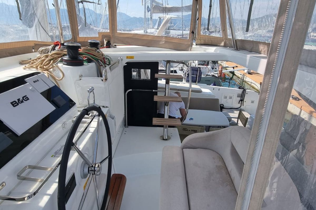 Cockpit of Gamma Leonis, a Lagoon 42 catamaran at Salerno, Italy