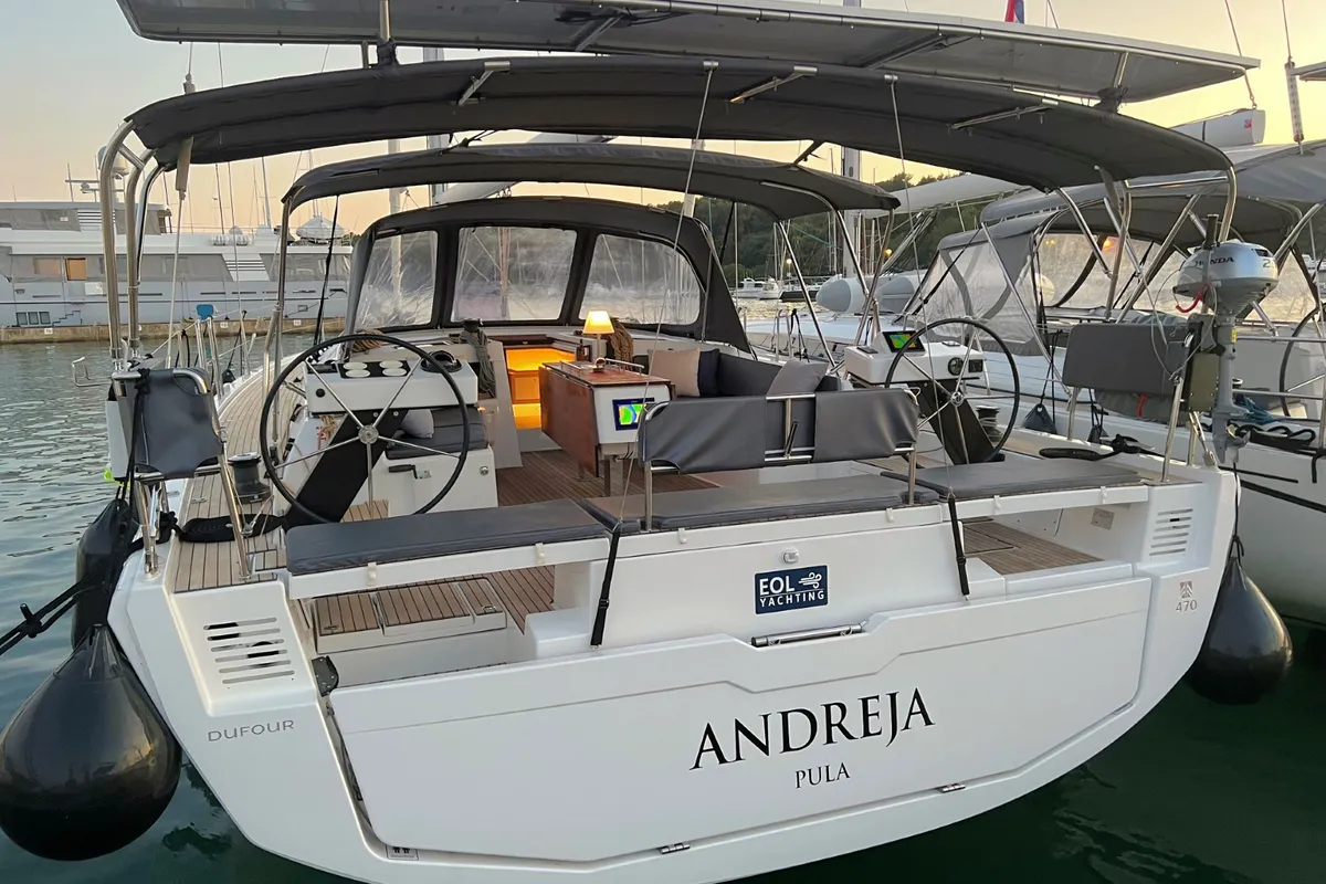 Exterior view of Andreja, a Dufour 470 sailboat at Grad Pula, Croatia