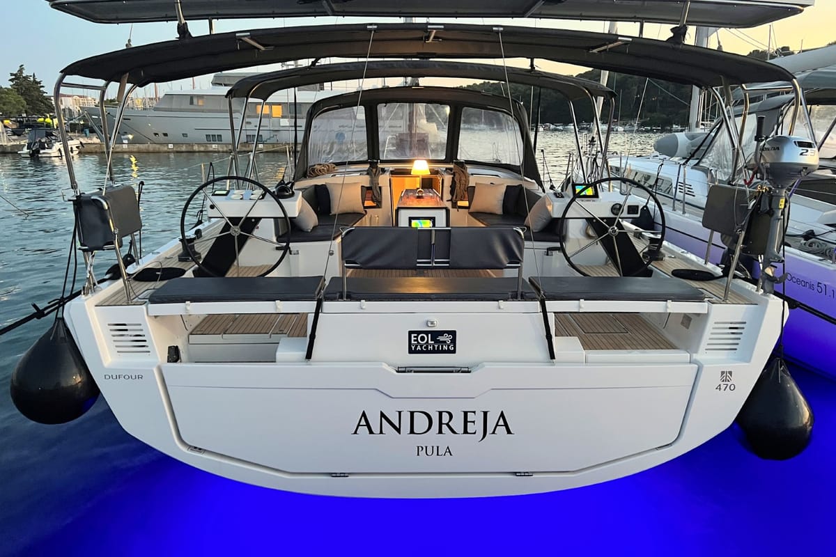 Exterior view of Andreja, a Dufour 470 sailboat at Grad Pula, Croatia