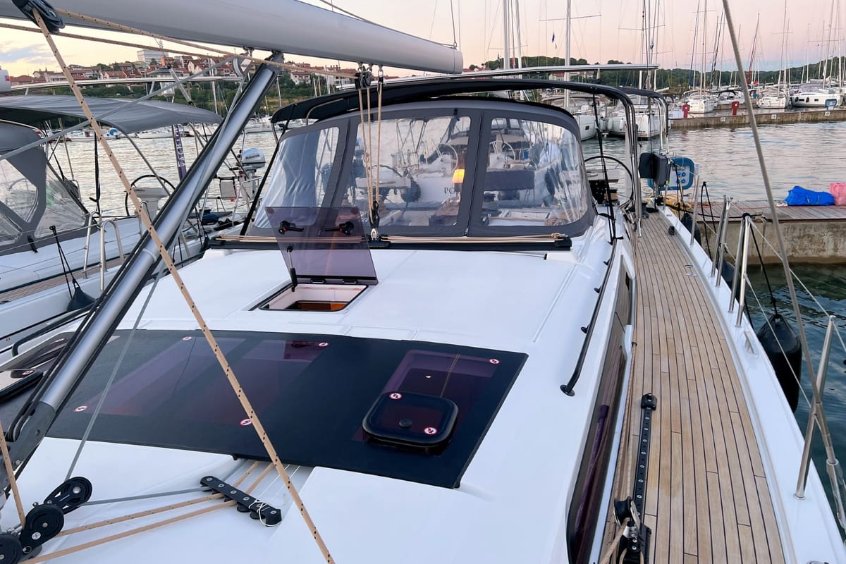 Deck of Andreja, a Dufour 470 sailboat at Grad Pula, Croatia