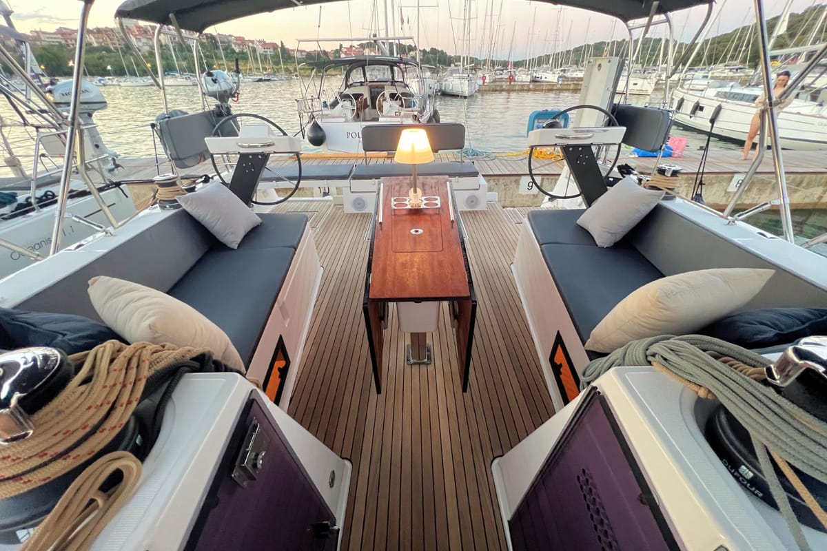 Cockpit of Andreja, a Dufour 470 sailboat at Grad Pula, Croatia