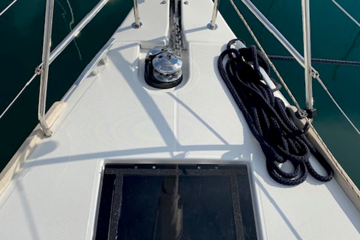 Deck of Ava, a Dufour 460 GL sailboat at Kontokali, Greece