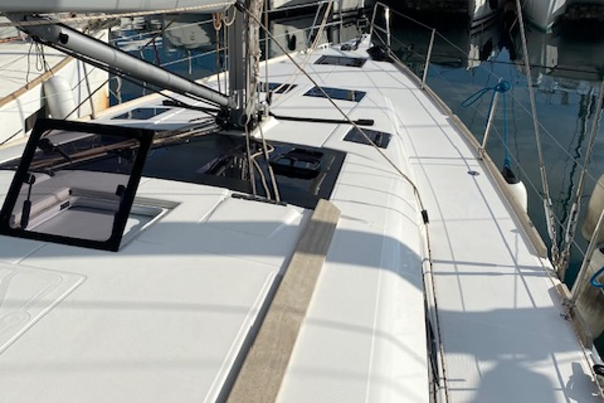 Deck of Ava, a Dufour 460 GL sailboat at Kontokali, Greece