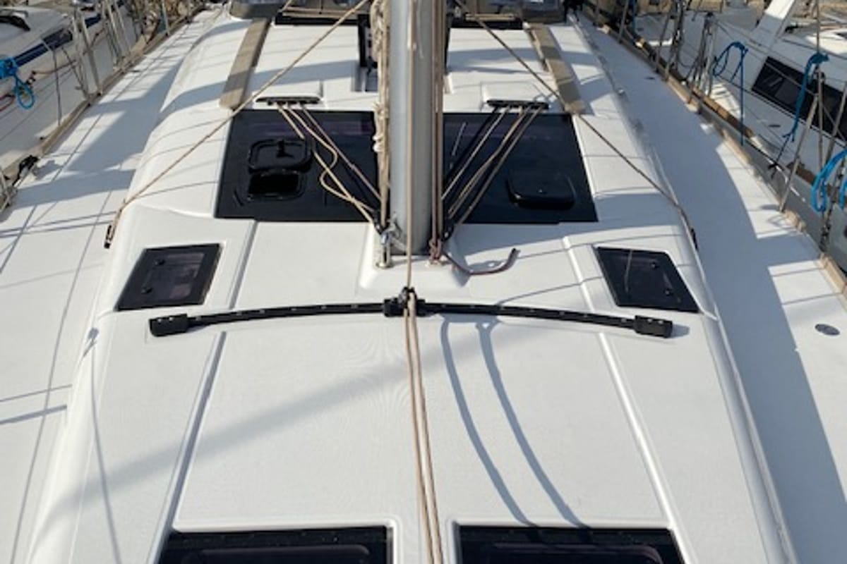 Deck of Ava, a Dufour 460 GL sailboat at Kontokali, Greece