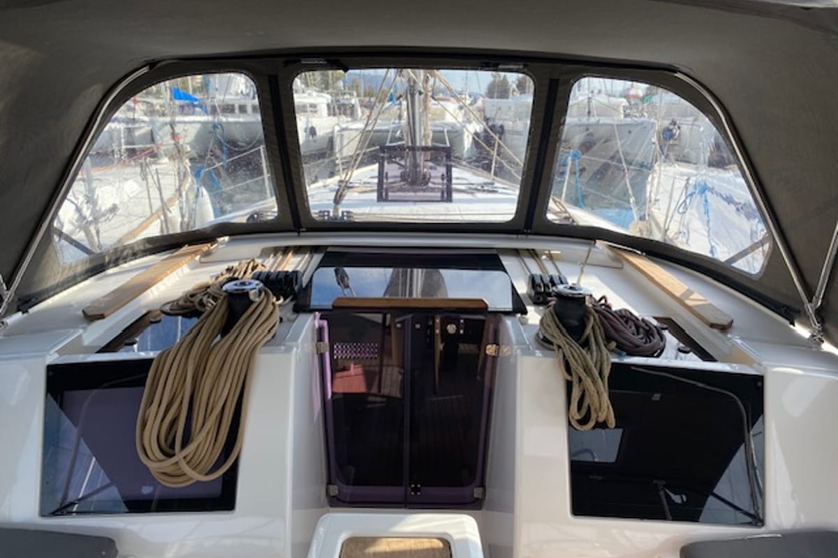 Cockpit of Ava, a Dufour 460 GL sailboat at Kontokali, Greece