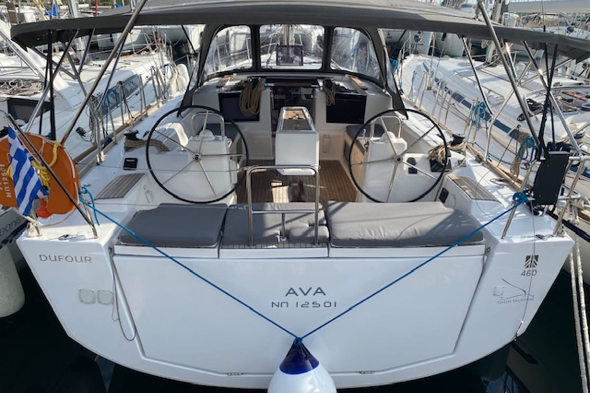 Exterior view of Ava, a Dufour 460 GL sailboat at Kontokali, Greece