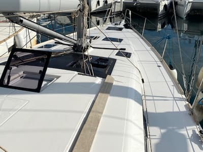 Deck of Ava, a Dufour 460 GL sailboat at Kontokali, Greece