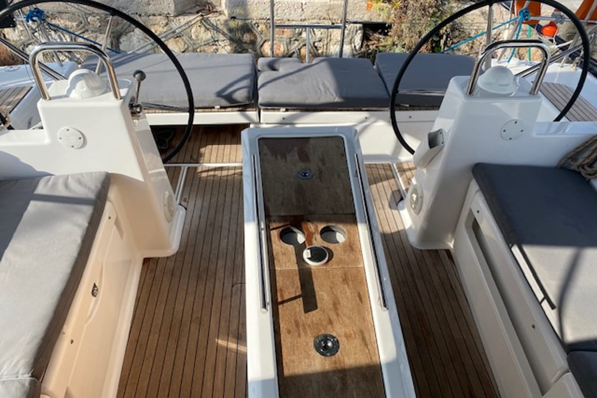 Cockpit of Ava, a Dufour 460 GL sailboat at Kontokali, Greece