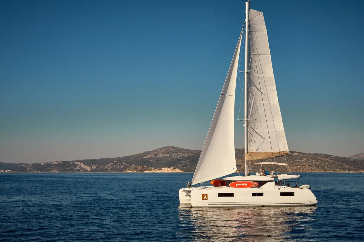 Exterior view of Sensation, a Lagoon 46 catamaran at Grad Trogir, Croatia