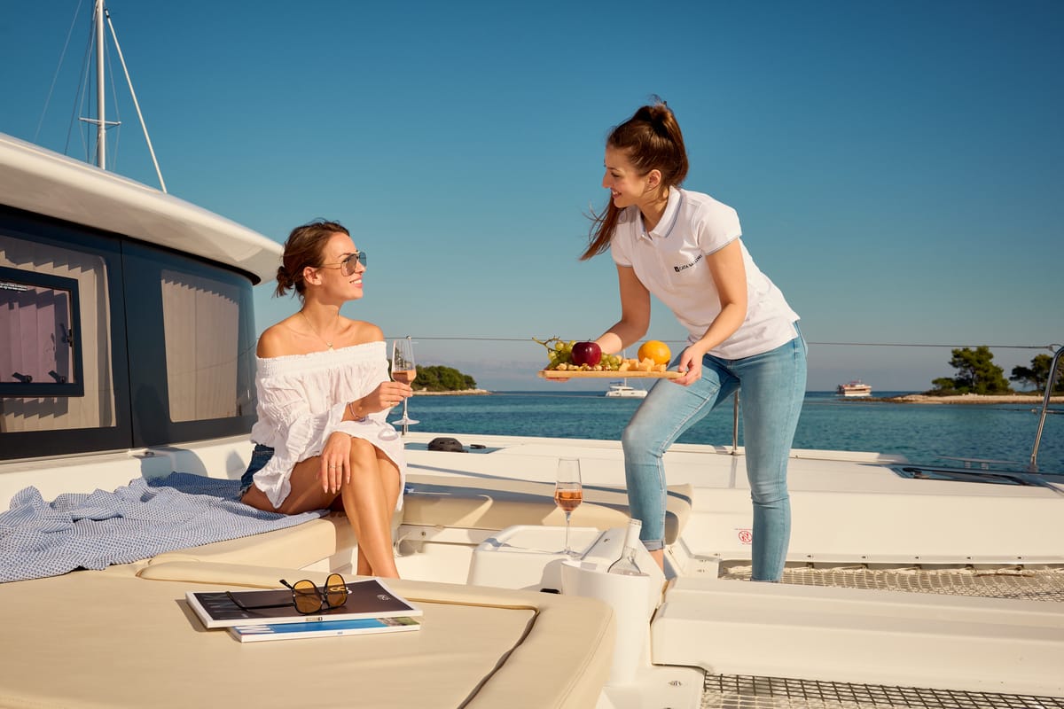 Deck of Sensation, a Lagoon 46 catamaran at Grad Trogir, Croatia