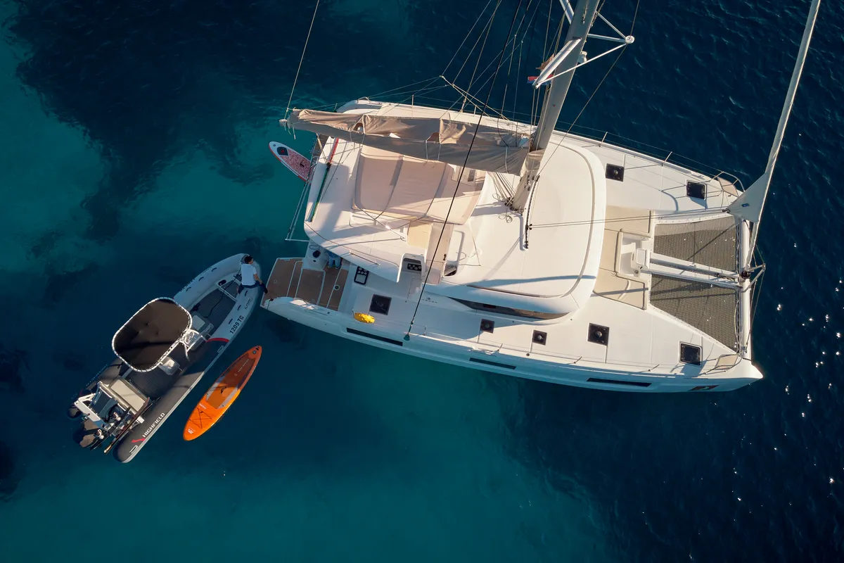 Exterior view of Sensation, a Lagoon 46 catamaran at Grad Trogir, Croatia