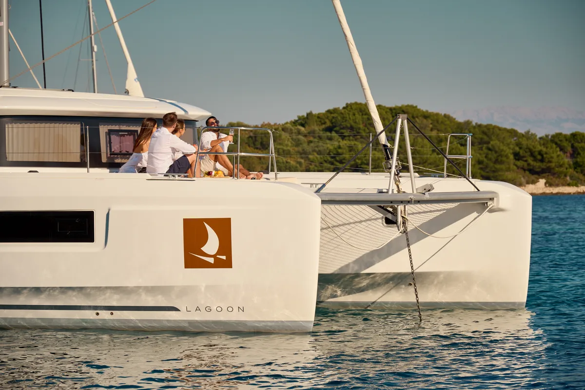 Exterior view of Sensation, a Lagoon 46 catamaran at Grad Trogir, Croatia